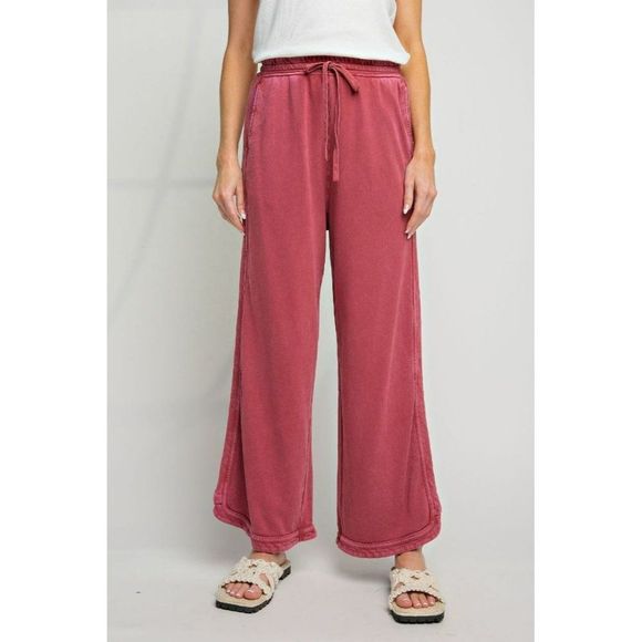 easel Pants - Easel Let's Grab Starbs Mineral Washed French Terry Pants in Wine EB40836